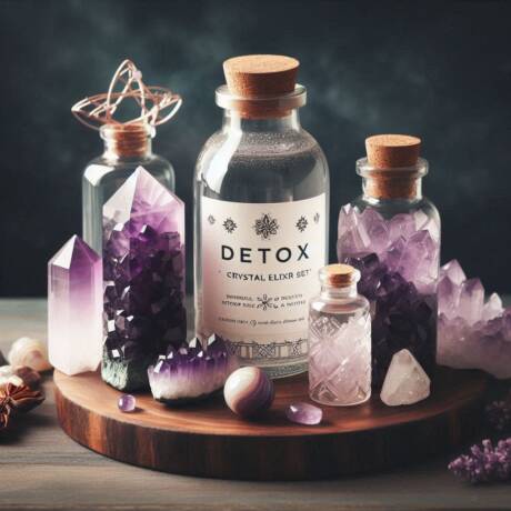 Detox Crystal Elixir Set includes amethyst clear quartz and ritual water bottle
